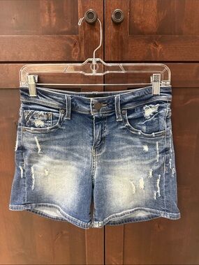 Buckle Distressed Blue Denim Jean Shorts